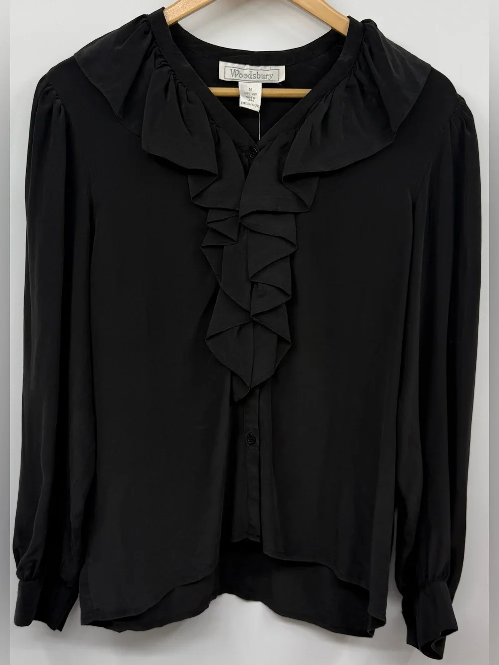 Woodsbury Silk Ruffle Front Black Blouse SM VINTAGE Dainty Feminine Mad Men